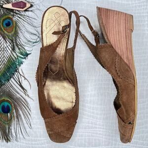 Nine West Womens 9.5 Sling Back Suede Leather Wedge High Heels Brown Neutral Tan